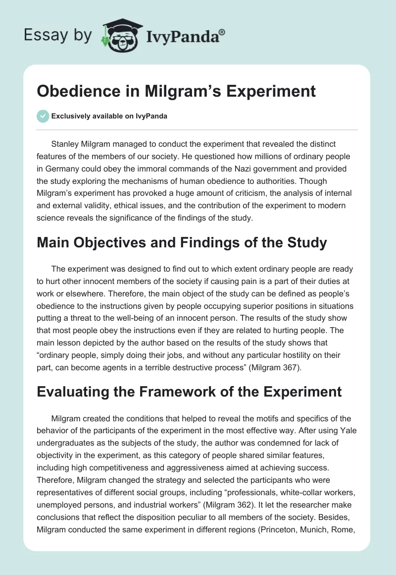 Obedience in Milgram’s Experiment. Page 1