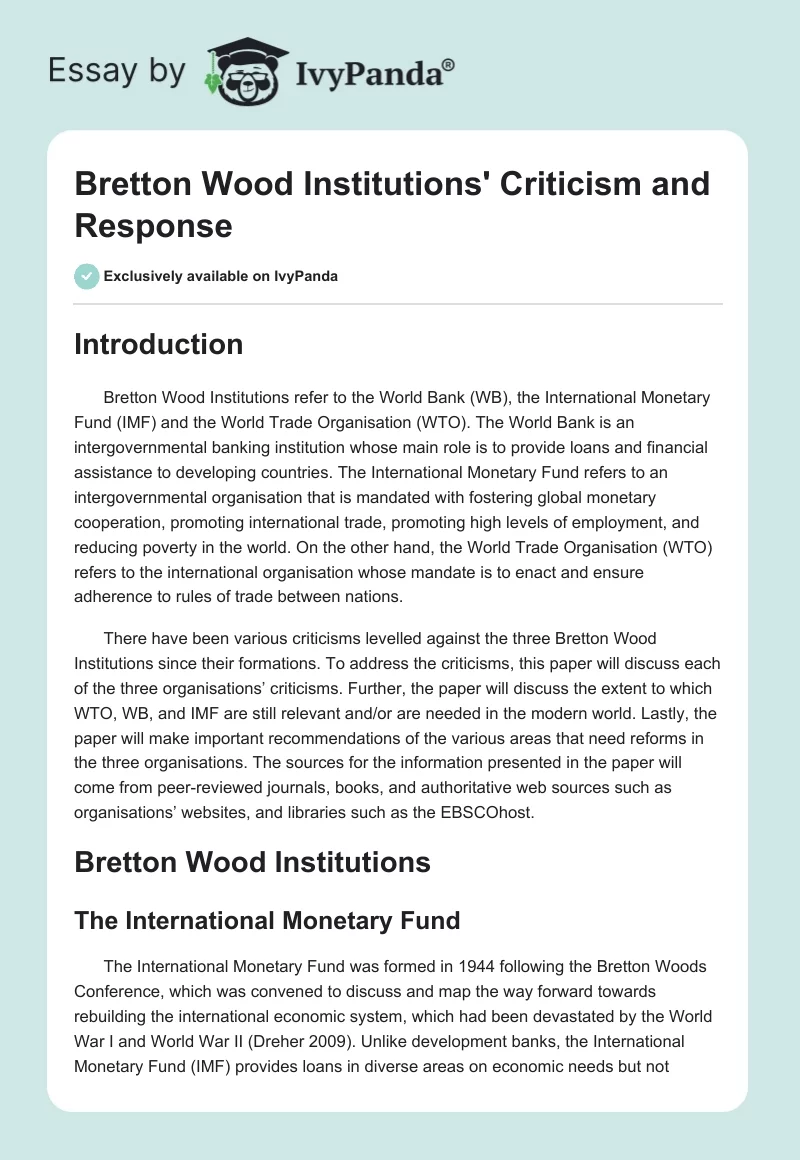 Bretton Wood Institutions' Criticism and Response. Page 1