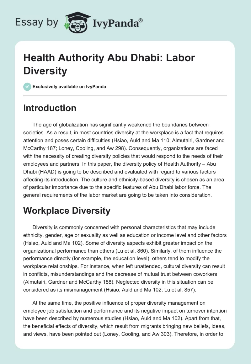 Health Authority Abu Dhabi: Labor Diversity. Page 1