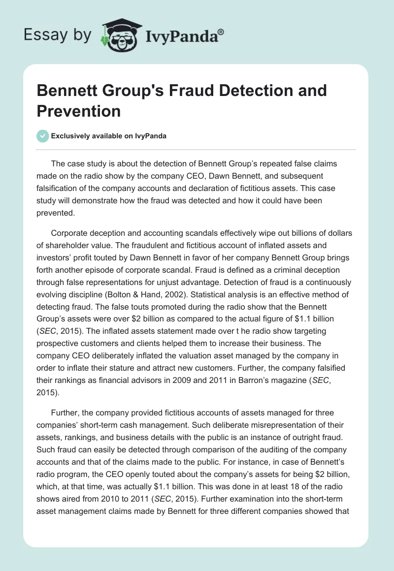 Bennett Group's Fraud Detection and Prevention. Page 1