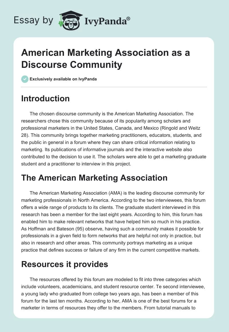 American Marketing Association as a Discourse Community. Page 1