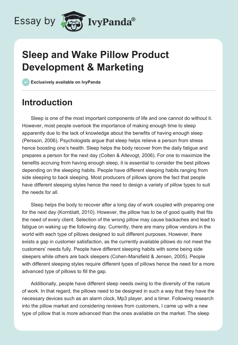 Sleep and Wake Pillow Product Development & Marketing. Page 1