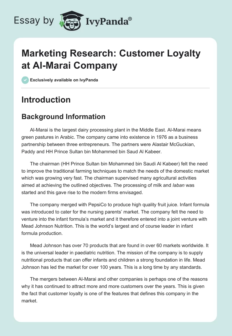 Marketing Research: Customer Loyalty at Al-Marai Company. Page 1