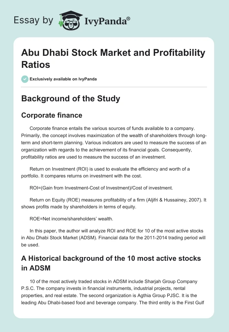 Abu Dhabi Stock Market and Profitability Ratios. Page 1