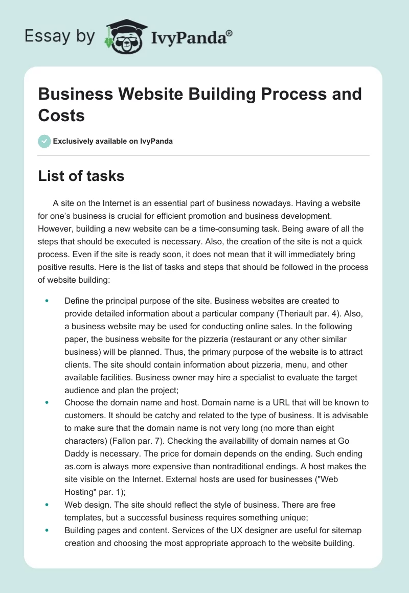 Business Website Building Process and Costs. Page 1