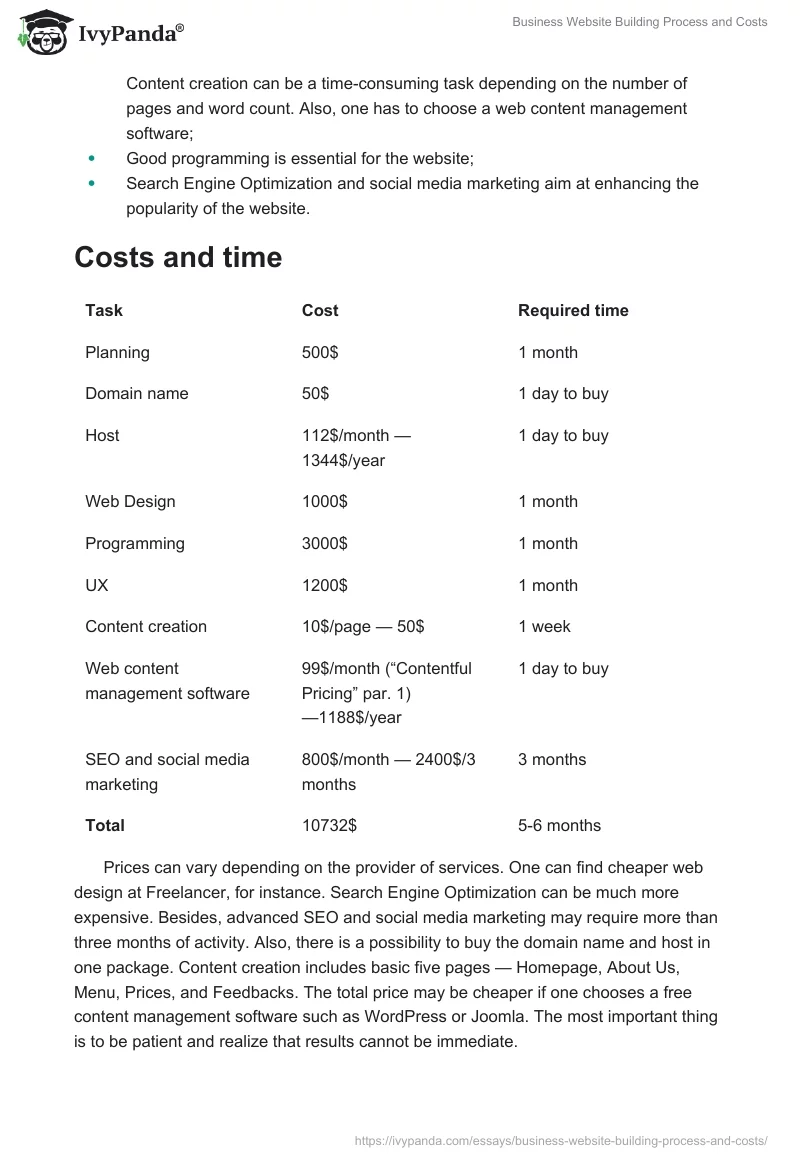 Business Website Building Process and Costs. Page 2