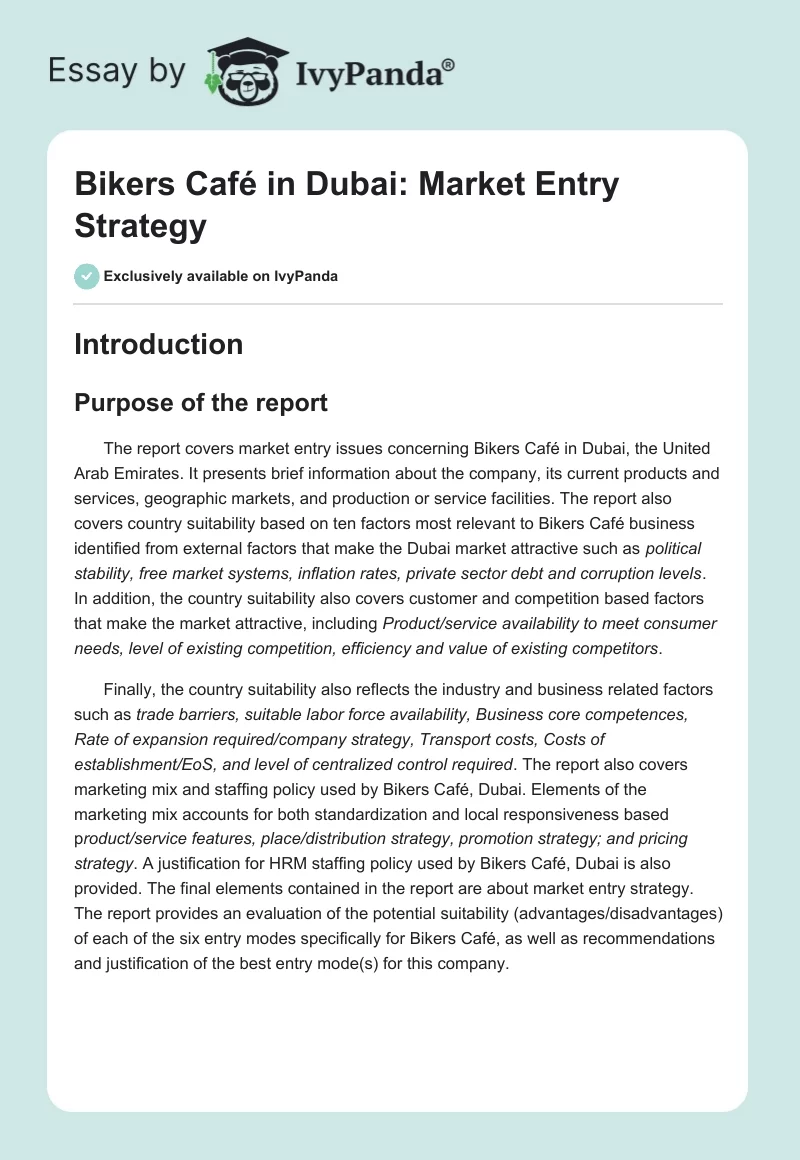 Bikers Café in Dubai: Market Entry Strategy. Page 1