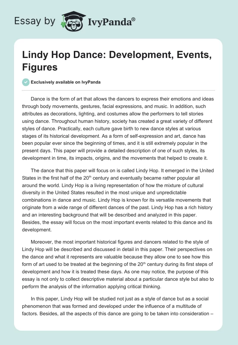 Lindy Hop Dance: Development, Events, Figures. Page 1