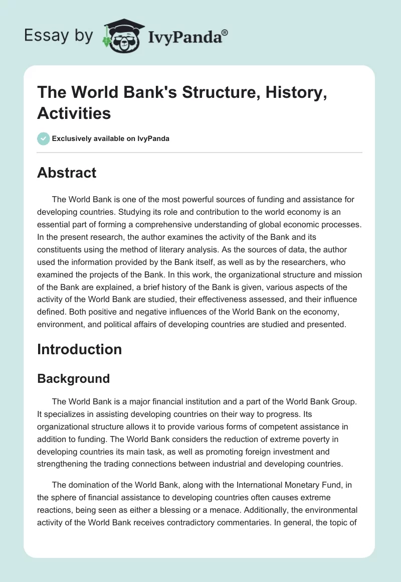 The World Bank's Structure, History, Activities. Page 1