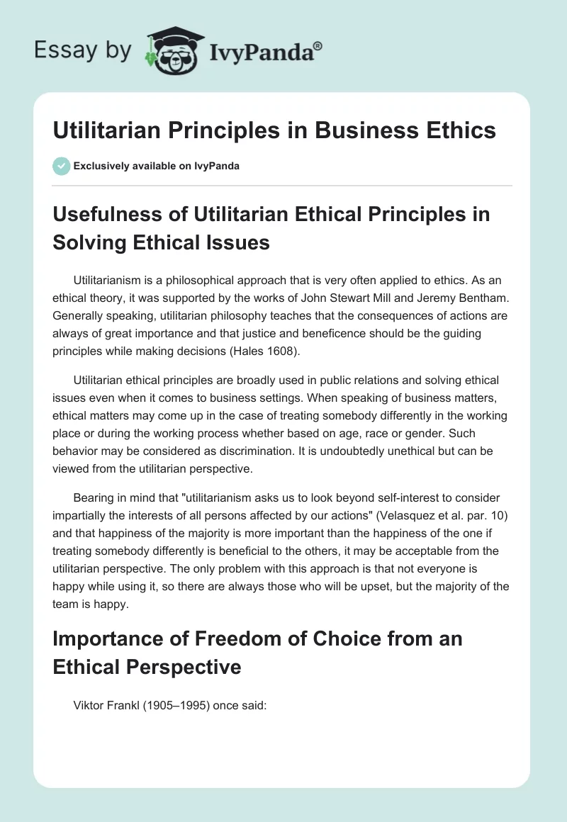 Utilitarian Principles in Business Ethics. Page 1