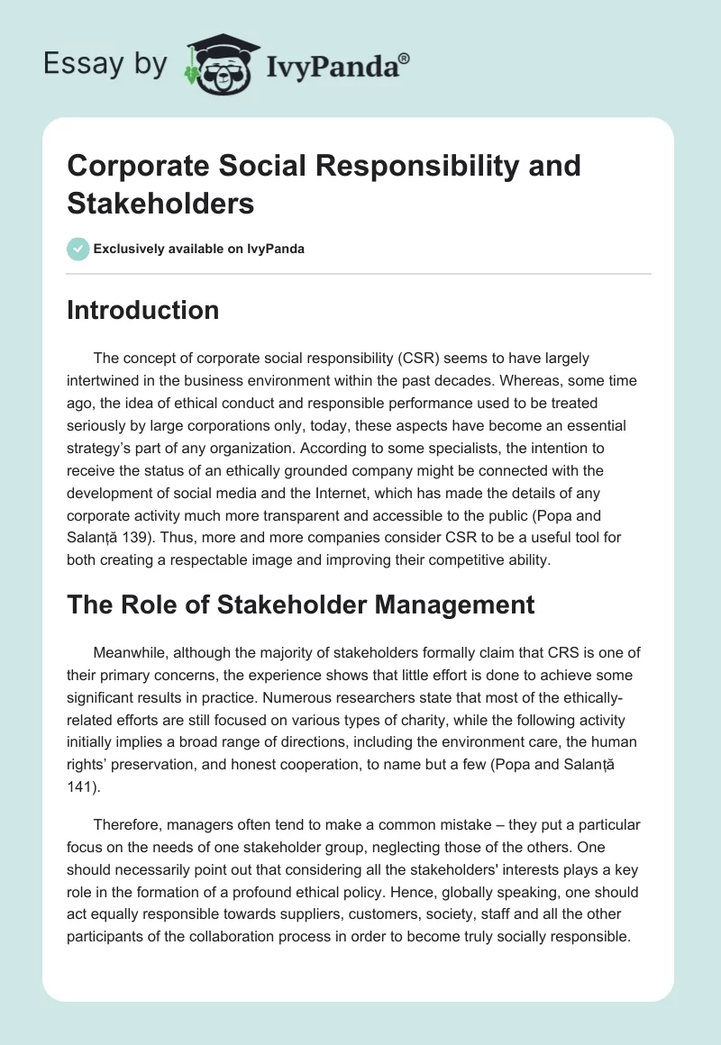 Corporate Social Responsibility and Stakeholders. Page 1