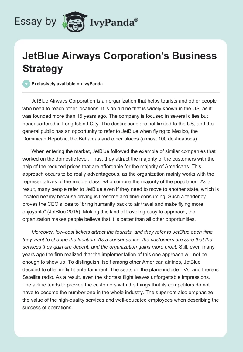 JetBlue Airways Corporation's Business Strategy. Page 1