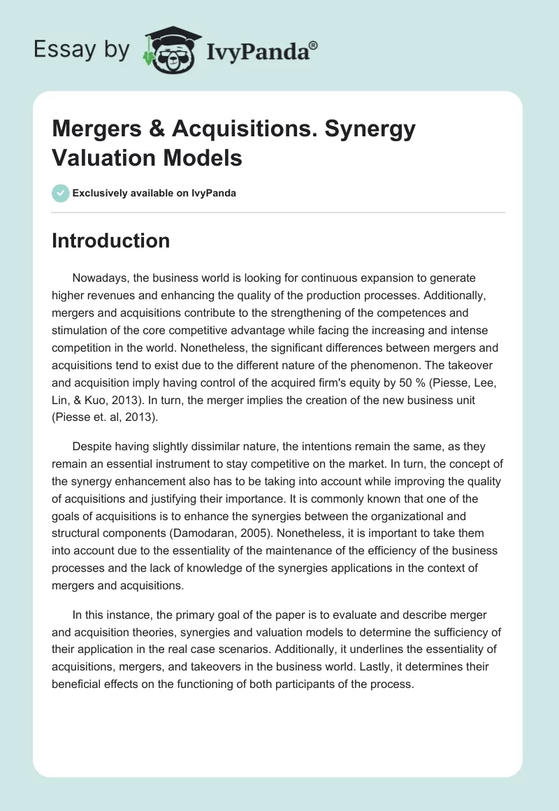 Mergers & Acquisitions. Synergy Valuation Models. Page 1