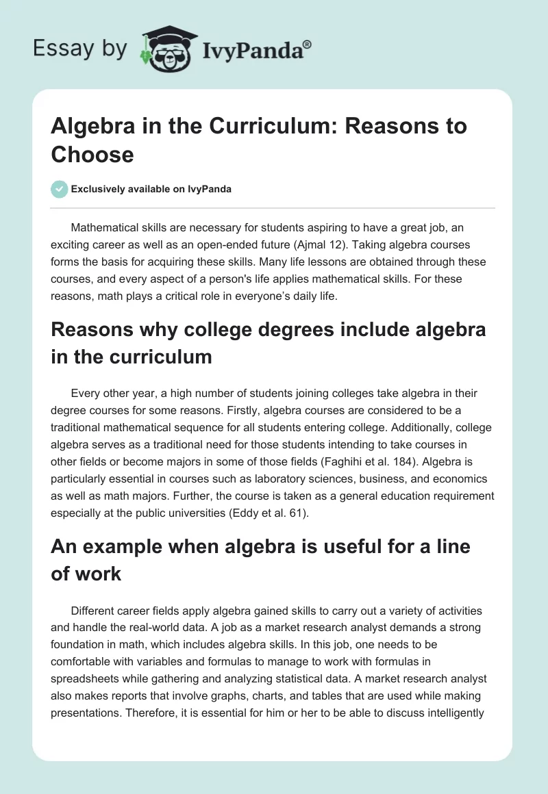 Algebra in the Curriculum: Reasons to Choose. Page 1