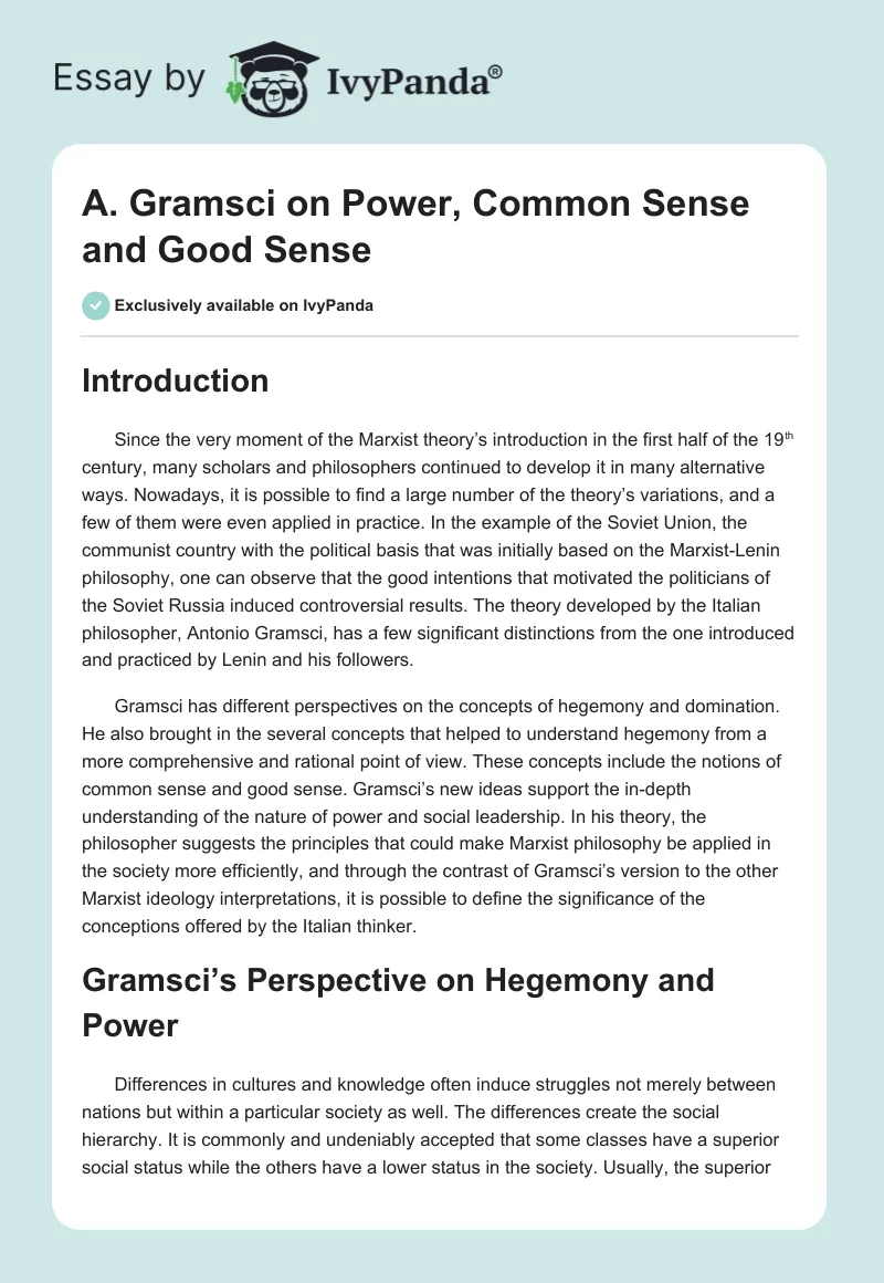 A. Gramsci on Power, Common Sense and Good Sense. Page 1