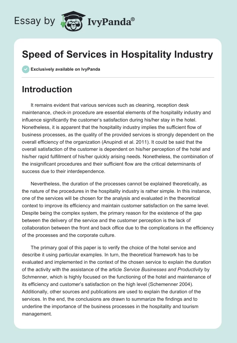 Speed of Services in Hospitality Industry. Page 1