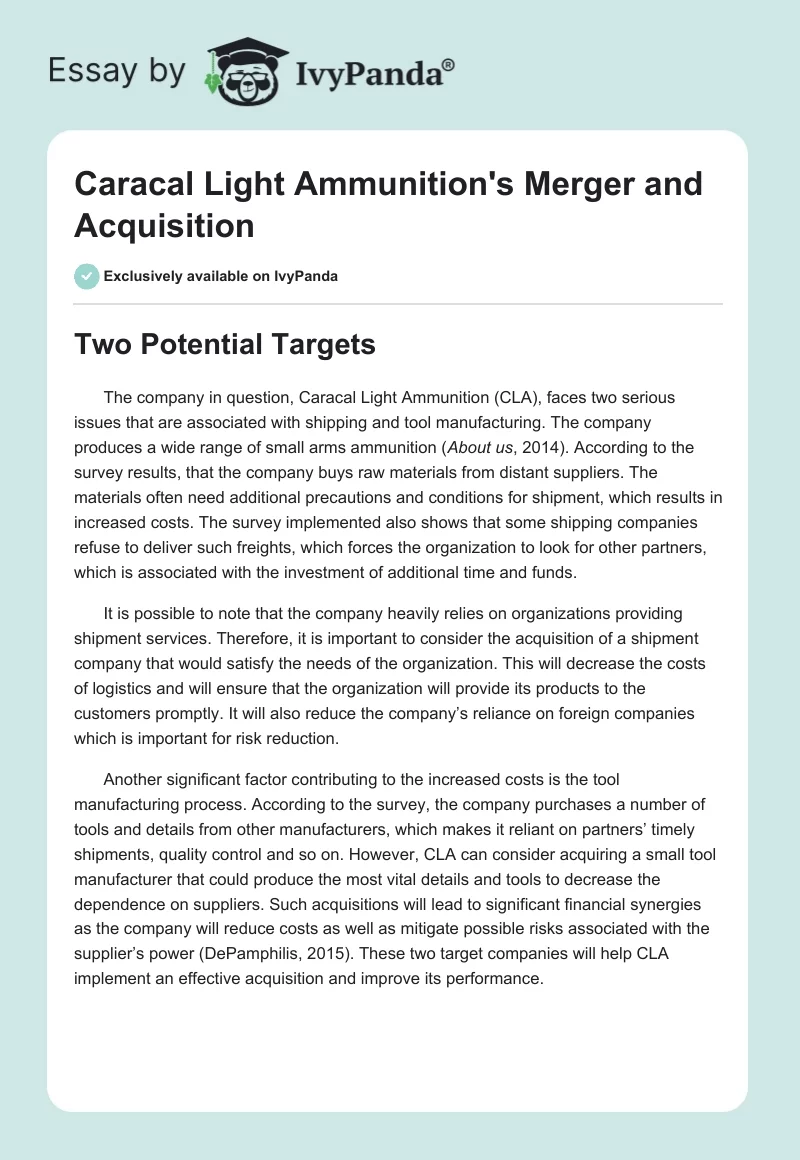 Caracal Light Ammunition's Merger and Acquisition. Page 1