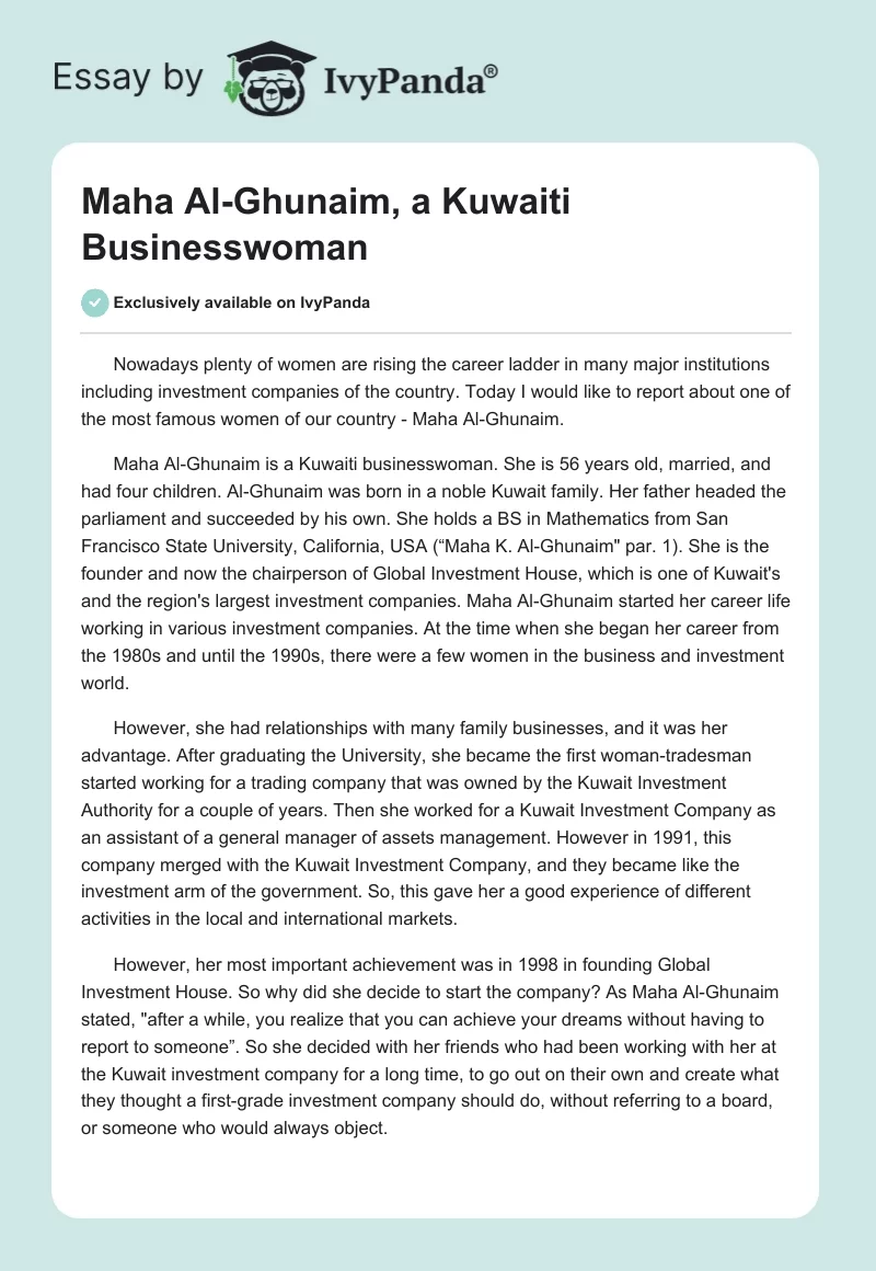 Maha Al-Ghunaim, a Kuwaiti Businesswoman. Page 1
