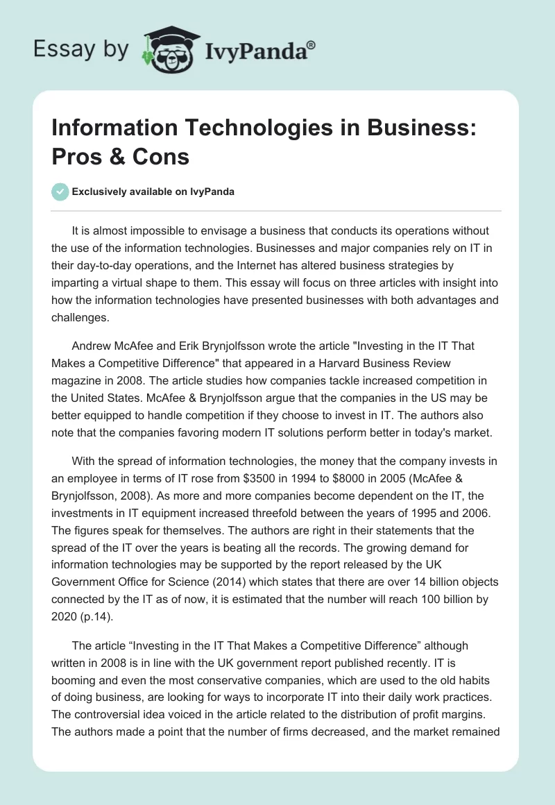 Information Technologies in Business: Pros & Cons. Page 1