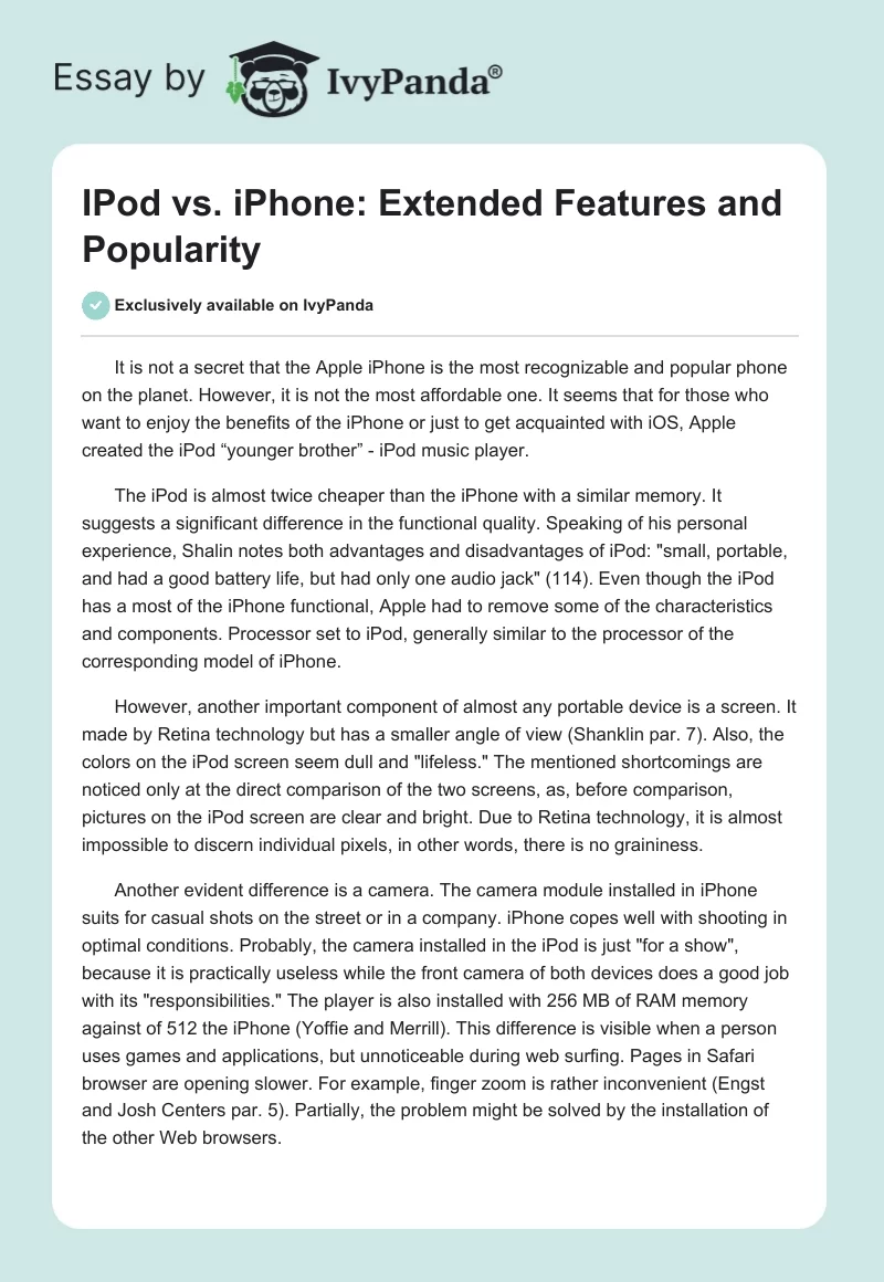 IPod vs. iPhone: Extended Features and Popularity. Page 1