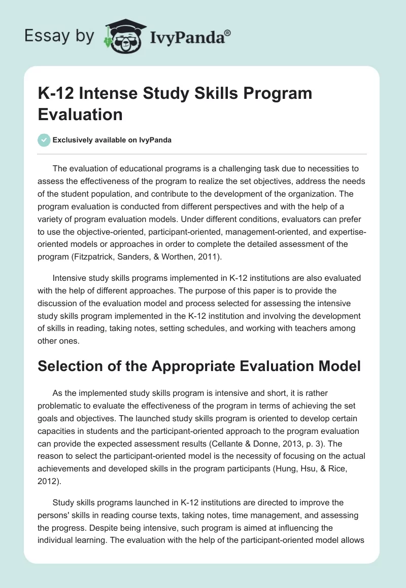 K-12 Intense Study Skills Program Evaluation. Page 1
