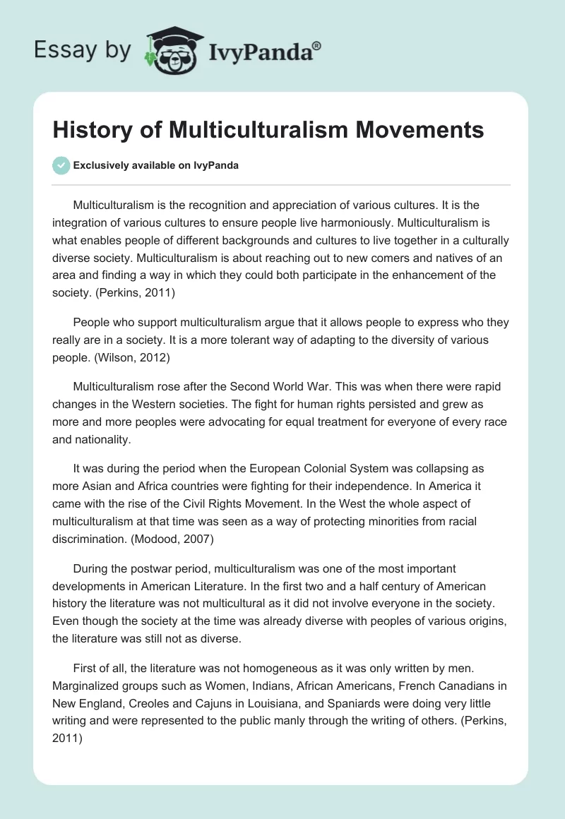 History of Multiculturalism Movements. Page 1