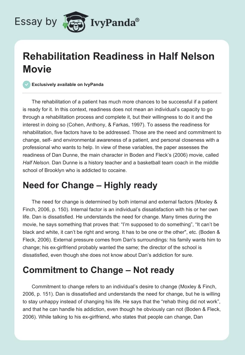 Rehabilitation Readiness in "Half Nelson" Movie. Page 1
