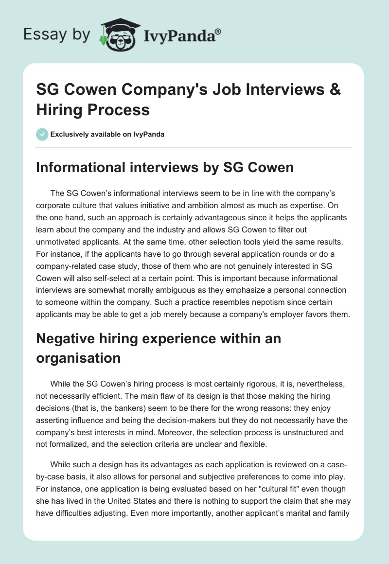 SG Cowen Company's Job Interviews & Hiring Process. Page 1