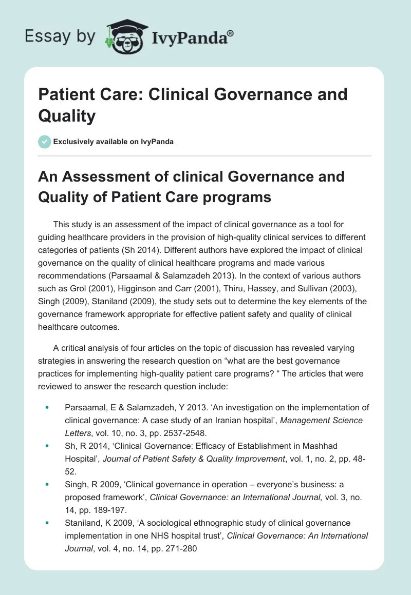 Patient Care: Clinical Governance and Quality. Page 1