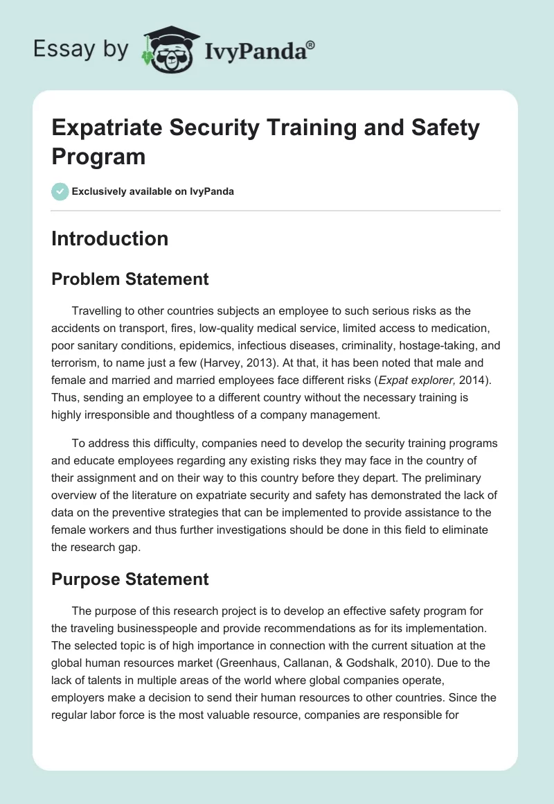 Expatriate Security Training and Safety Program. Page 1