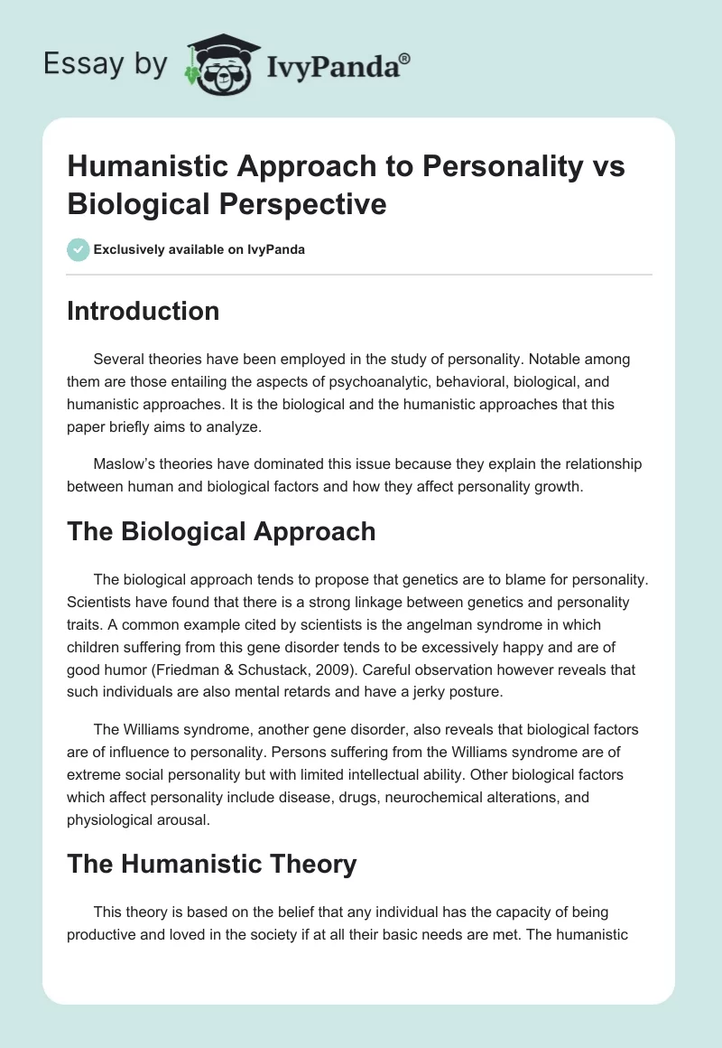 Humanistic Approach to Personality vs Biological Perspective. Page 1