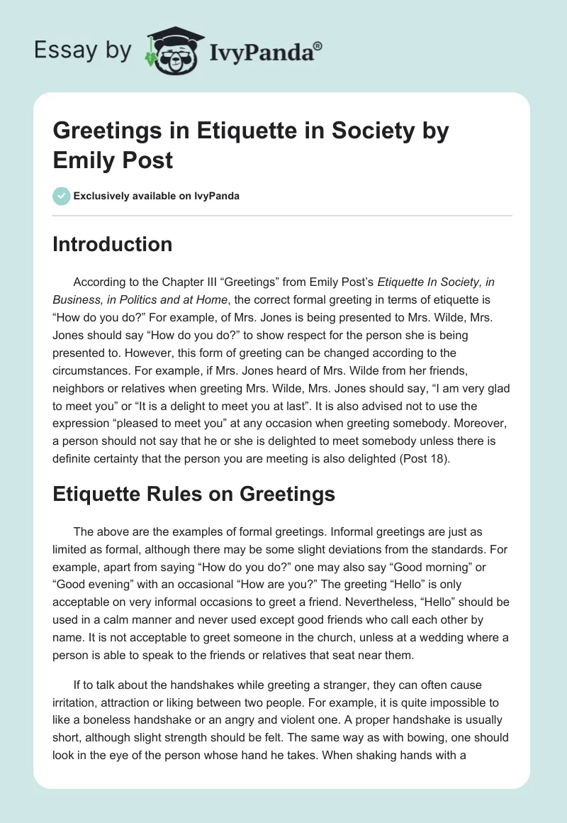 Greetings in Etiquette in Society by Emily Post. Page 1