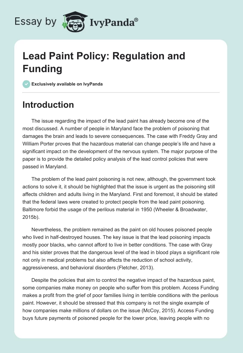 Lead Paint Policy: Regulation and Funding. Page 1