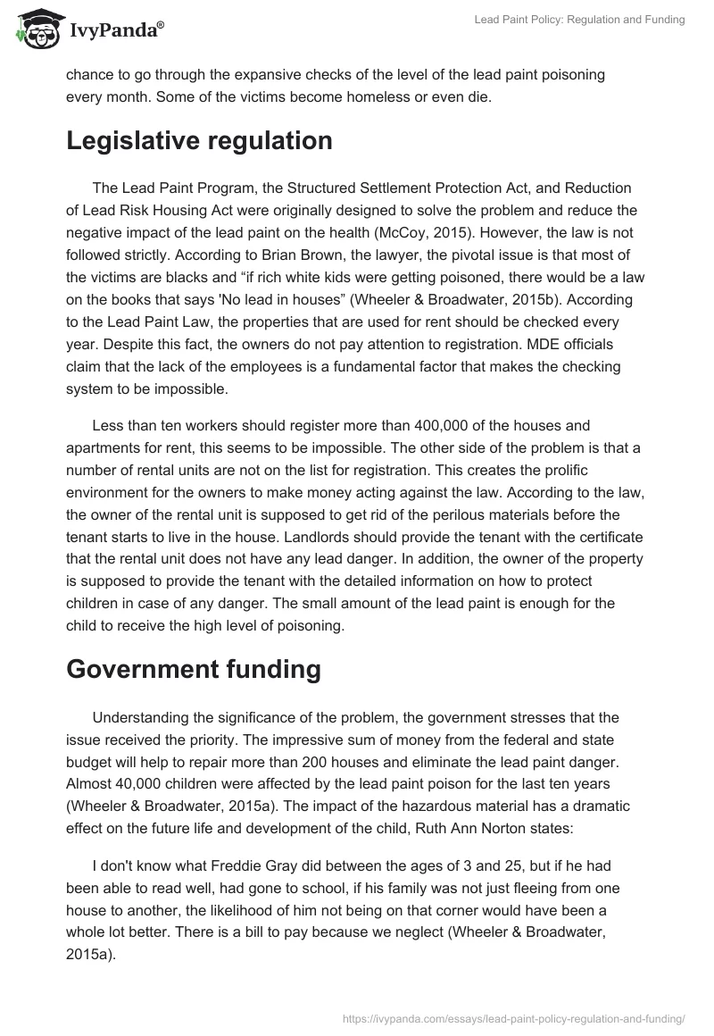Lead Paint Policy: Regulation and Funding. Page 2