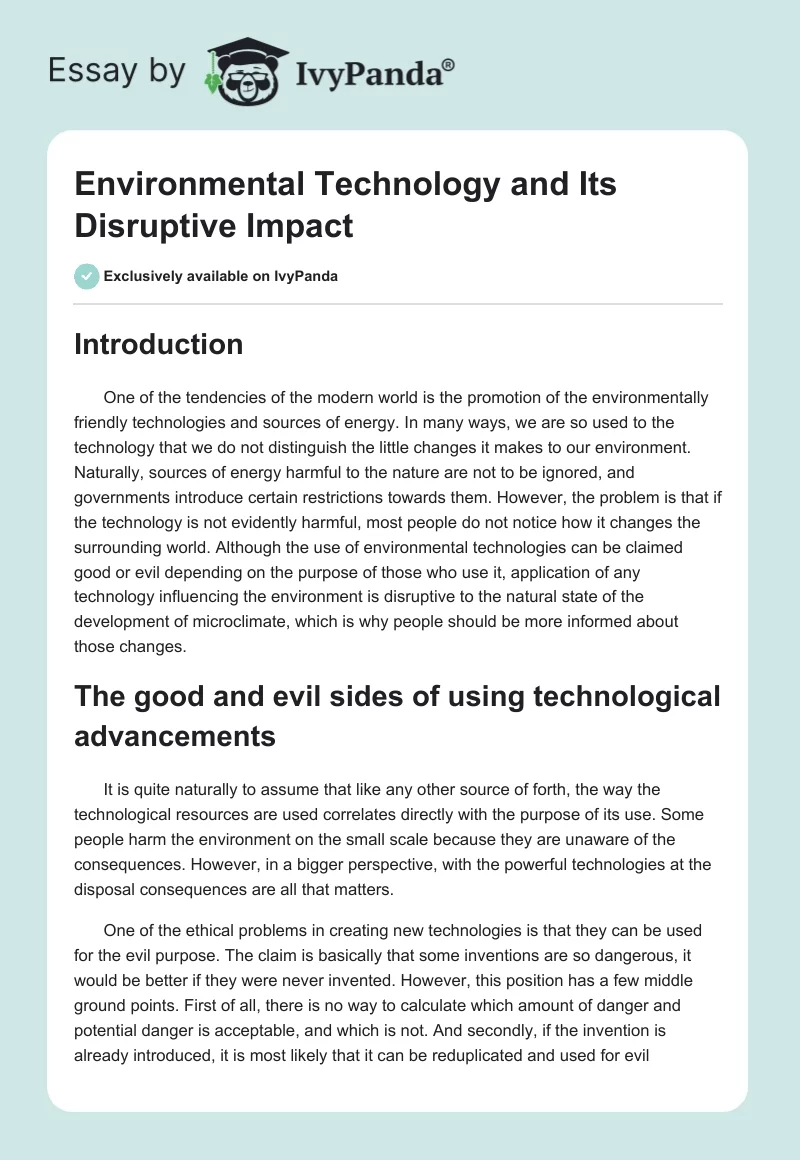 Environmental Technology and Its Disruptive Impact. Page 1