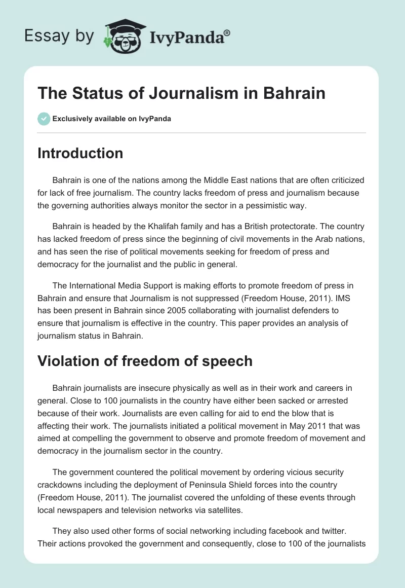 The Status of Journalism in Bahrain. Page 1