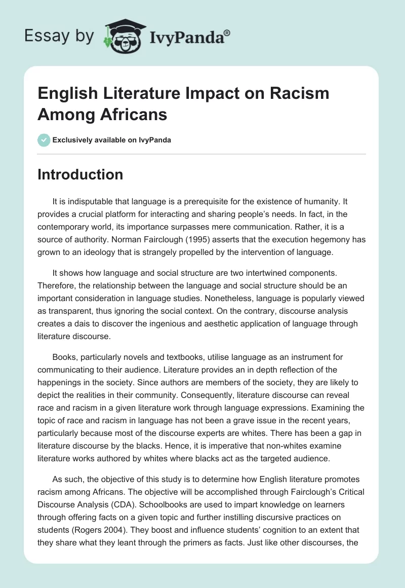 English Literature Impact on Racism Among Africans. Page 1