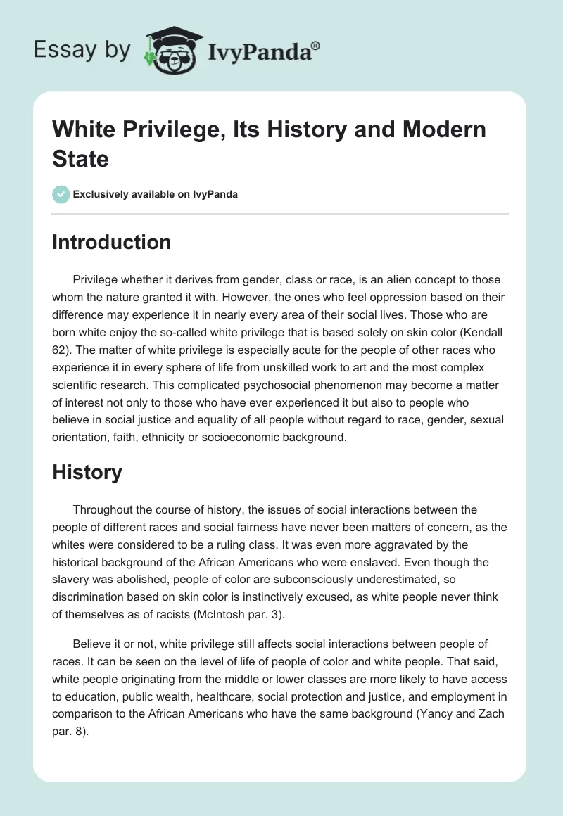 White Privilege, Its History and Modern State. Page 1