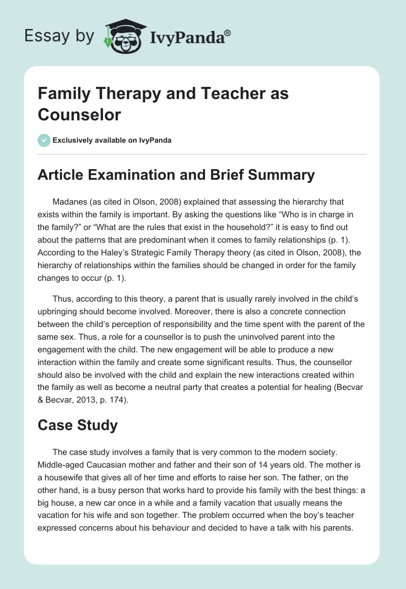 Family Therapy and Teacher as Counselor. Page 1