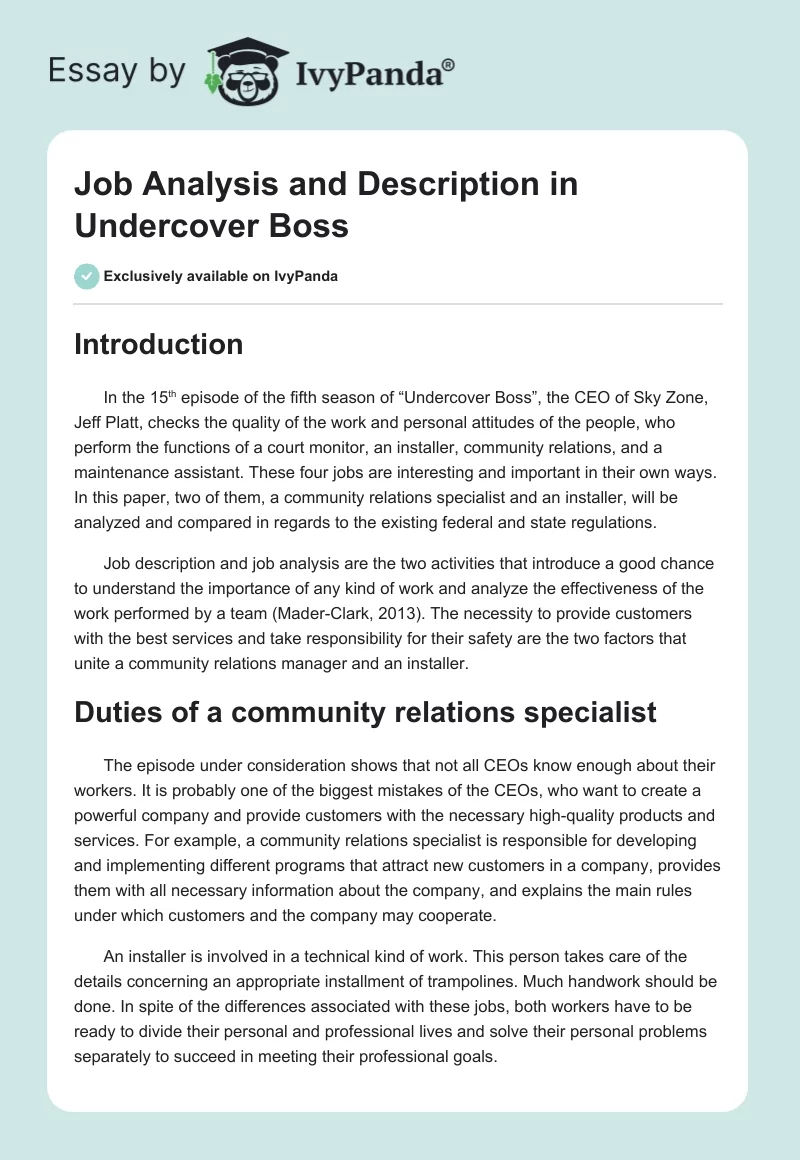 Job Analysis and Description in "Undercover Boss". Page 1