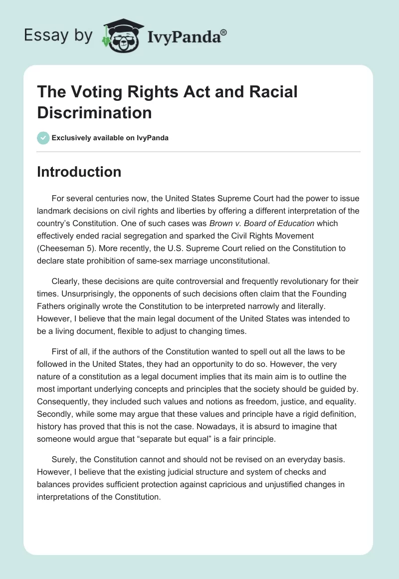 The Voting Rights Act and Racial Discrimination. Page 1