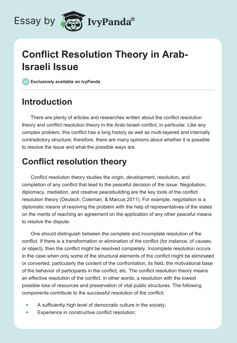 Conflict Resolution Theory in Arab-Israeli Issue. Page 1
