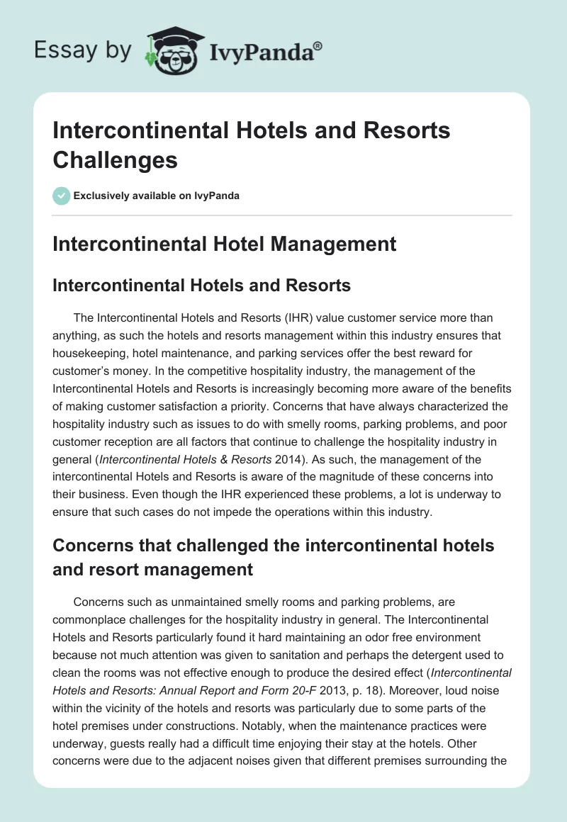 Intercontinental Hotels and Resorts Challenges. Page 1