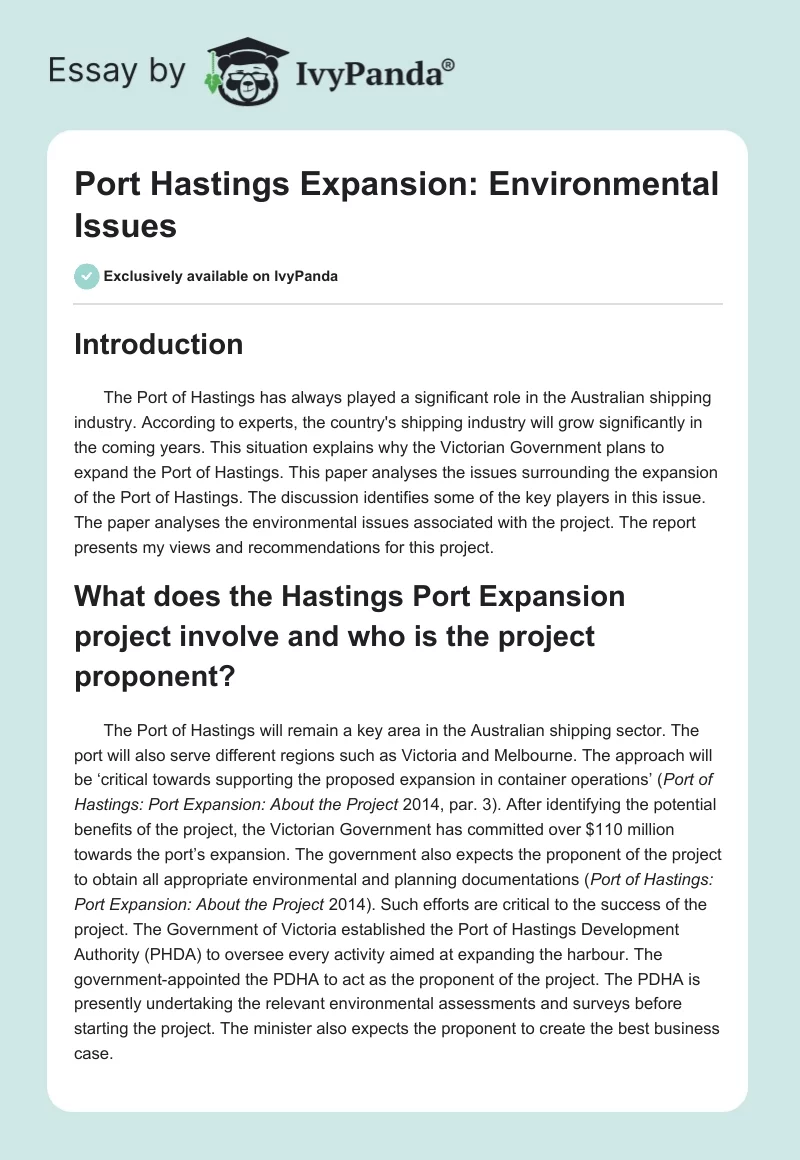 Port Hastings Expansion: Environmental Issues. Page 1