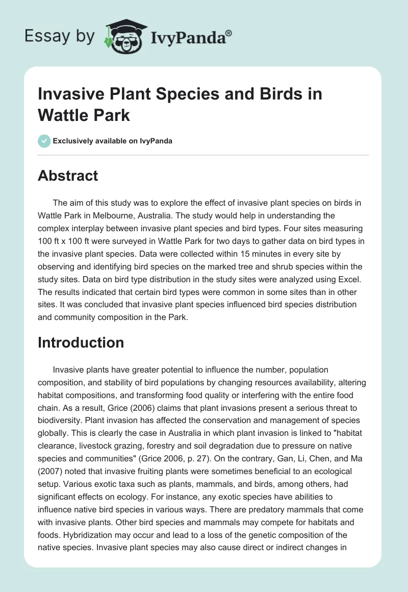 Invasive Plant Species and Birds in Wattle Park. Page 1