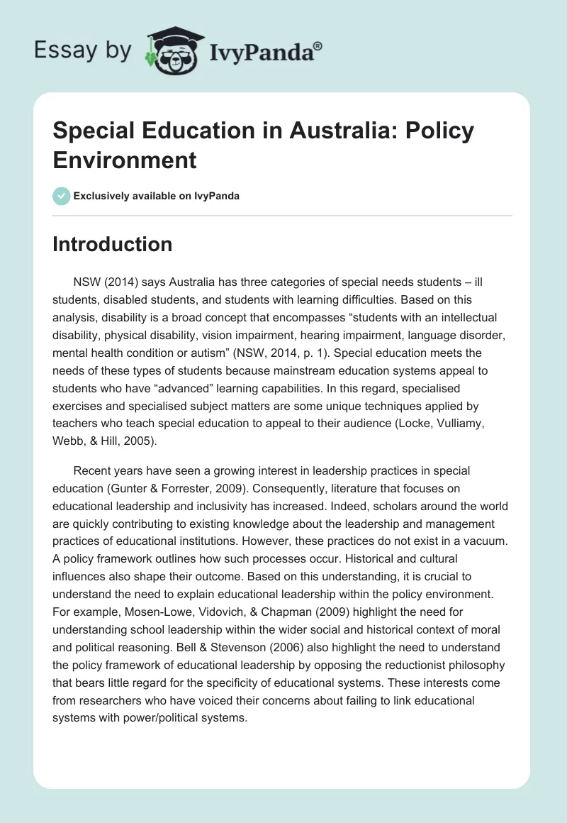 Special Education in Australia: Policy Environment. Page 1