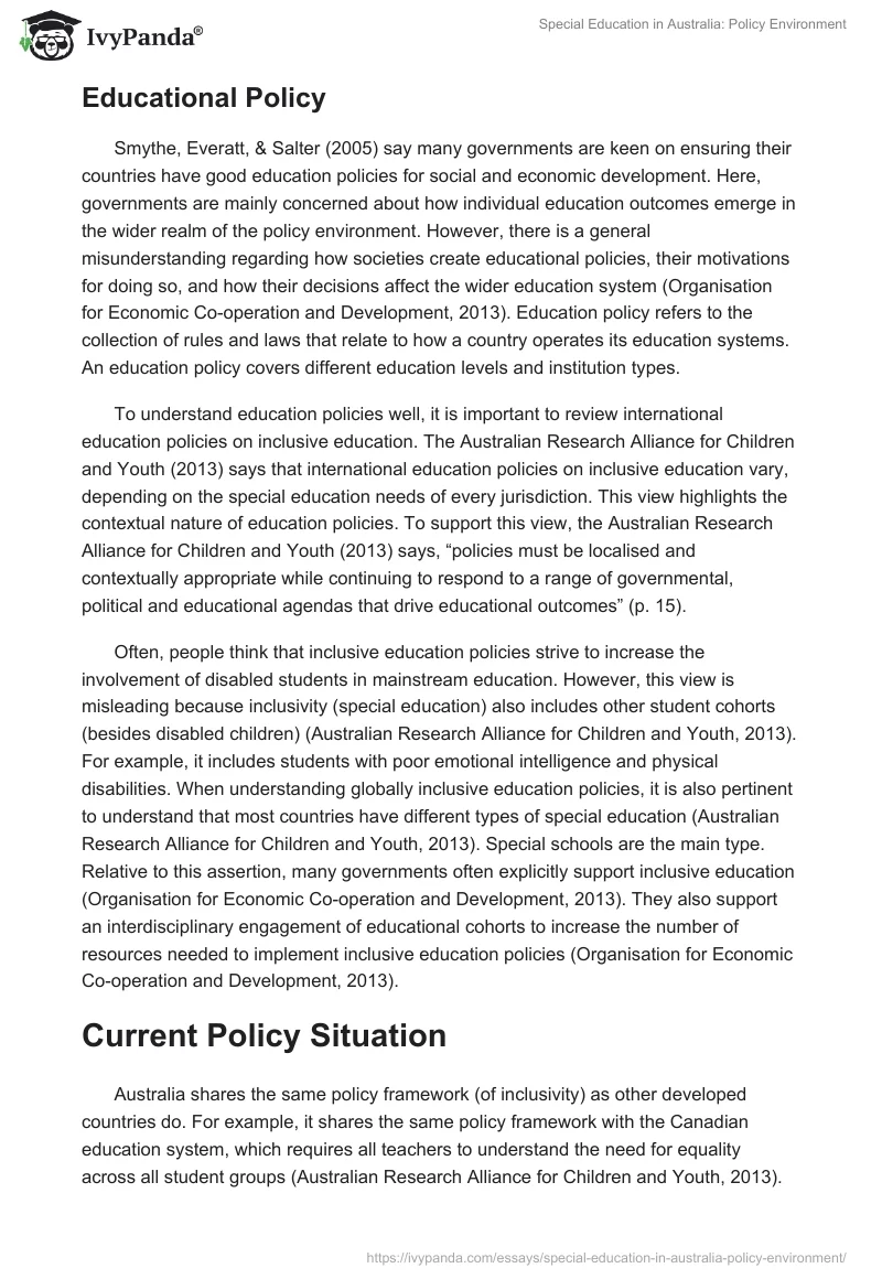Special Education in Australia: Policy Environment. Page 3