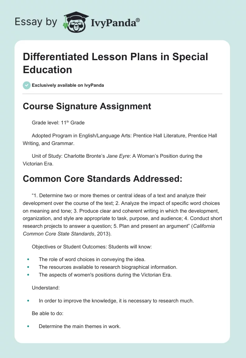 Differentiated Lesson Plans in Special Education. Page 1