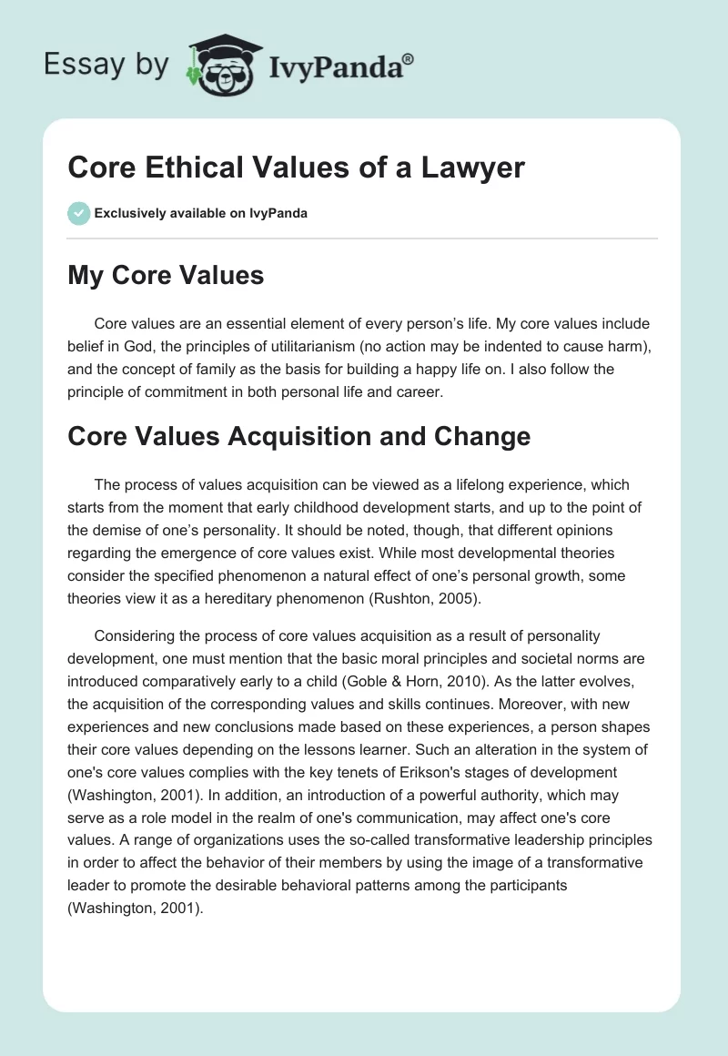 Core Ethical Values of a Lawyer. Page 1