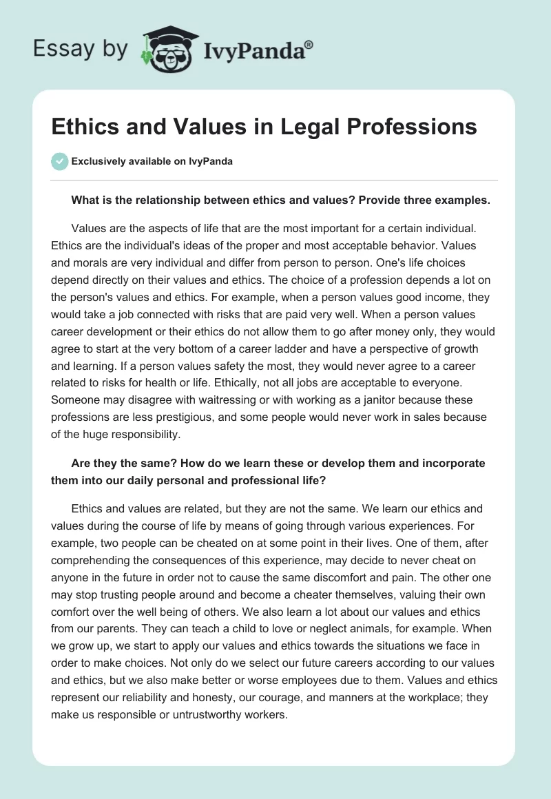 Ethics and Values in Legal Professions. Page 1
